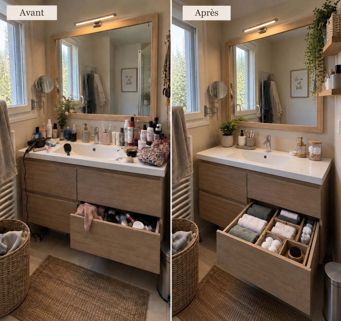 Avant/après : rangement d'un meuble de salle de bain