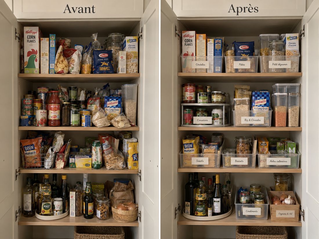 Avant/après : organisation d'un cellier/placard de cuisine