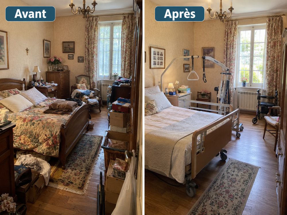 Avant/après : chambre équipée pour les soins à domicile
